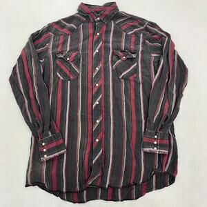 Wrangler Men XLT Button Up Western Shirt Brushpopper Pearl Snap Black Red Stripe